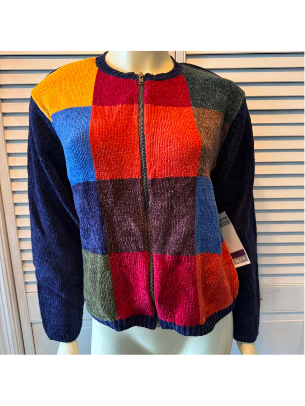 Women's Dressbarn Patchwork Cardigan Sweater Size M Blue Multi-color